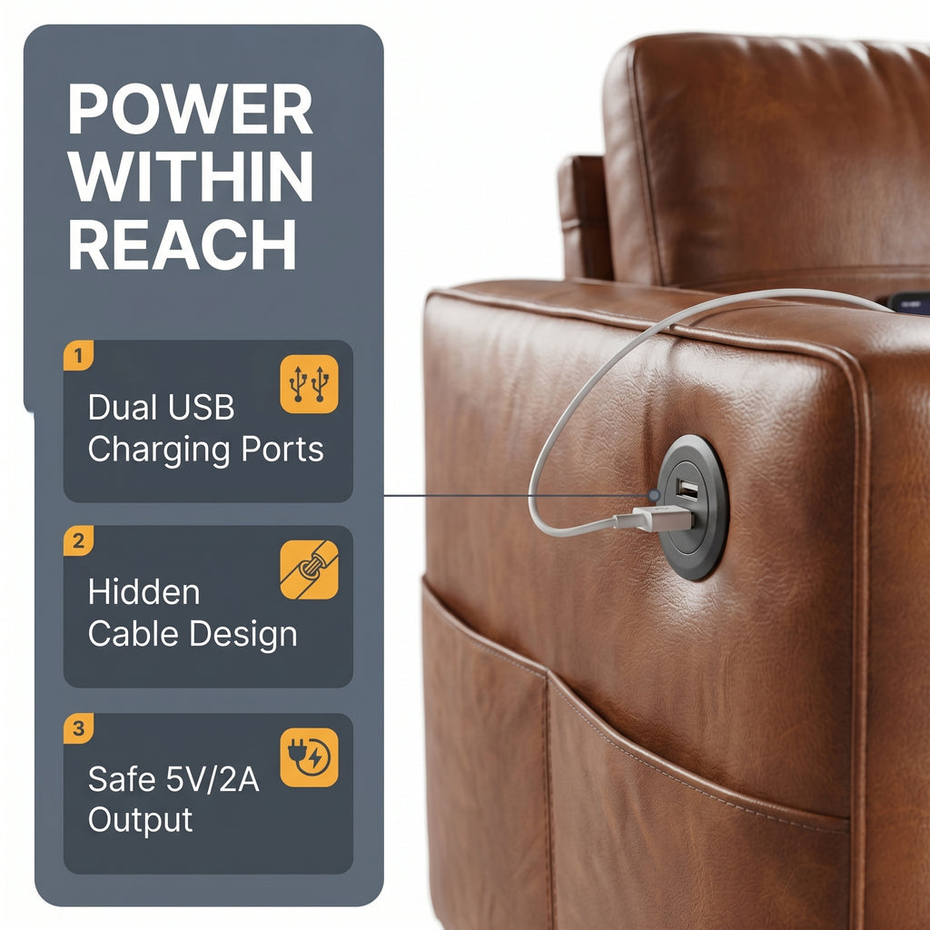 CHYMSUN  88" Faux Leather Couch w/USB Charging, 3-Seater Leather Living Room Sofa