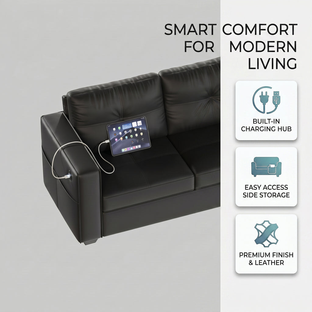 CHYMSUN 65'' Faux Leather Loveseat w/USB Charging, 2-Seater Leather Small Couch | Mid-Century Modern Leather Couch, Living Room Couch, Tufted Design, Wide Armrests, Side Storage Pockets, Office, Dorm, Black