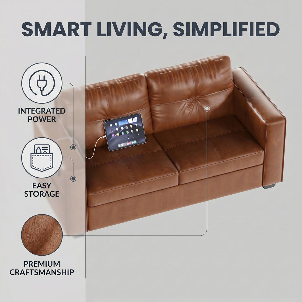 CHYMSUN 65'' Faux Leather Loveseat w/USB Charging, 2-Seater Leather Small Couch | Mid-Century Modern Leather Couch, Living Room Couch, Tufted Design, Wide Armrests, Side Storage Pockets, Office, Dorm, Brown