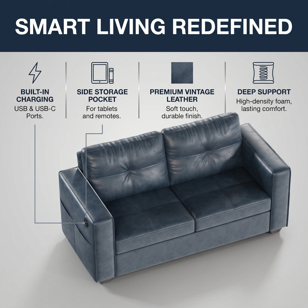 CHYMSUN 65'' Faux Leather Loveseat w/USB Charging, 2-Seater Leather Small Couch | Mid-Century Modern Leather Couch, Living Room Couch, Tufted Design, Wide Armrests, Side Storage Pockets, Office, Dorm, Blue
