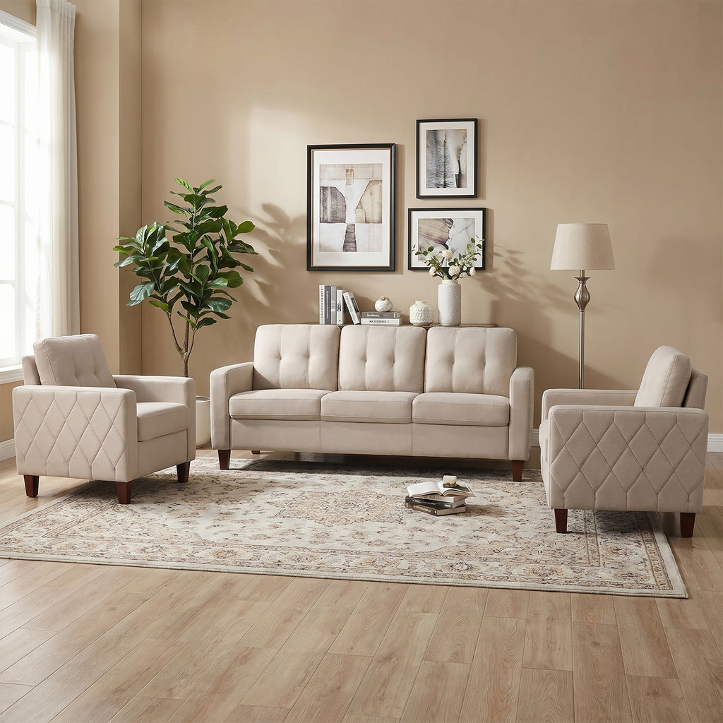 TYBOATLE 3 Piece Living Room Furniture Sets, 3 Seater Sofa and Chair Set, Cloud Couch Living Room Furniture Set, Beige Modern Sofa and Chair Set for Apartment, Home (Beige, 3+1+1)