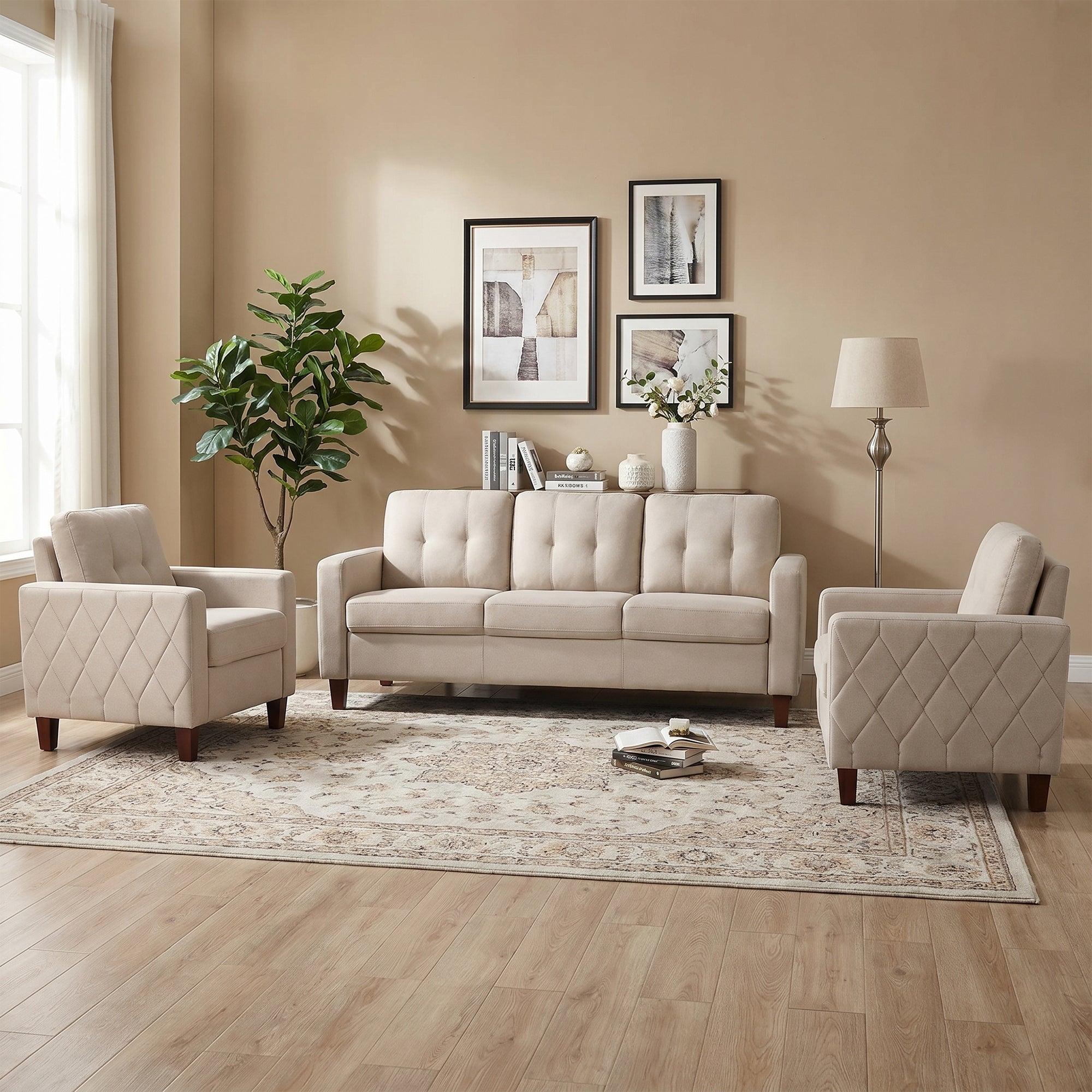 TYBOATLE 3 Piece Living Room Furniture Sets, 3 Seater Sofa and Chair Set, Cloud Couch Living Room Furniture Set, Beige Modern Sofa and Chair Set for Apartment, Home (Beige, 3+1+1)