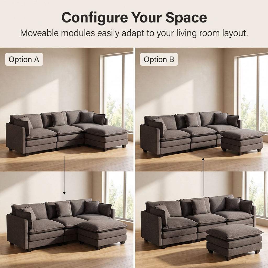 Modular Sofa, 3 Seater Couch with Ottoman, Gray Deep Seat Sofa Comfy Sectional Couch, Flexible 4-Piece Design, Soft Fabric Upholstery, Sturdy Legs for Apartment, Bedroom and Living Room