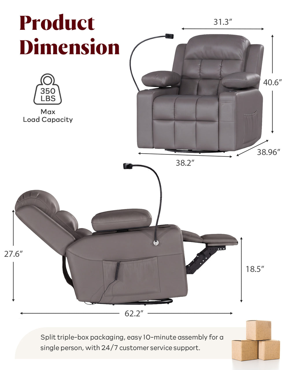 HOPUBUY Power Rocking Recliner Nursery w/Motorized Adjustable Armrests Grey,320° Swivel M1 M2 Memory Remote Nursing Glider w/ Storage Pockets Cup Holder & Phone Holder for Breastfeeding