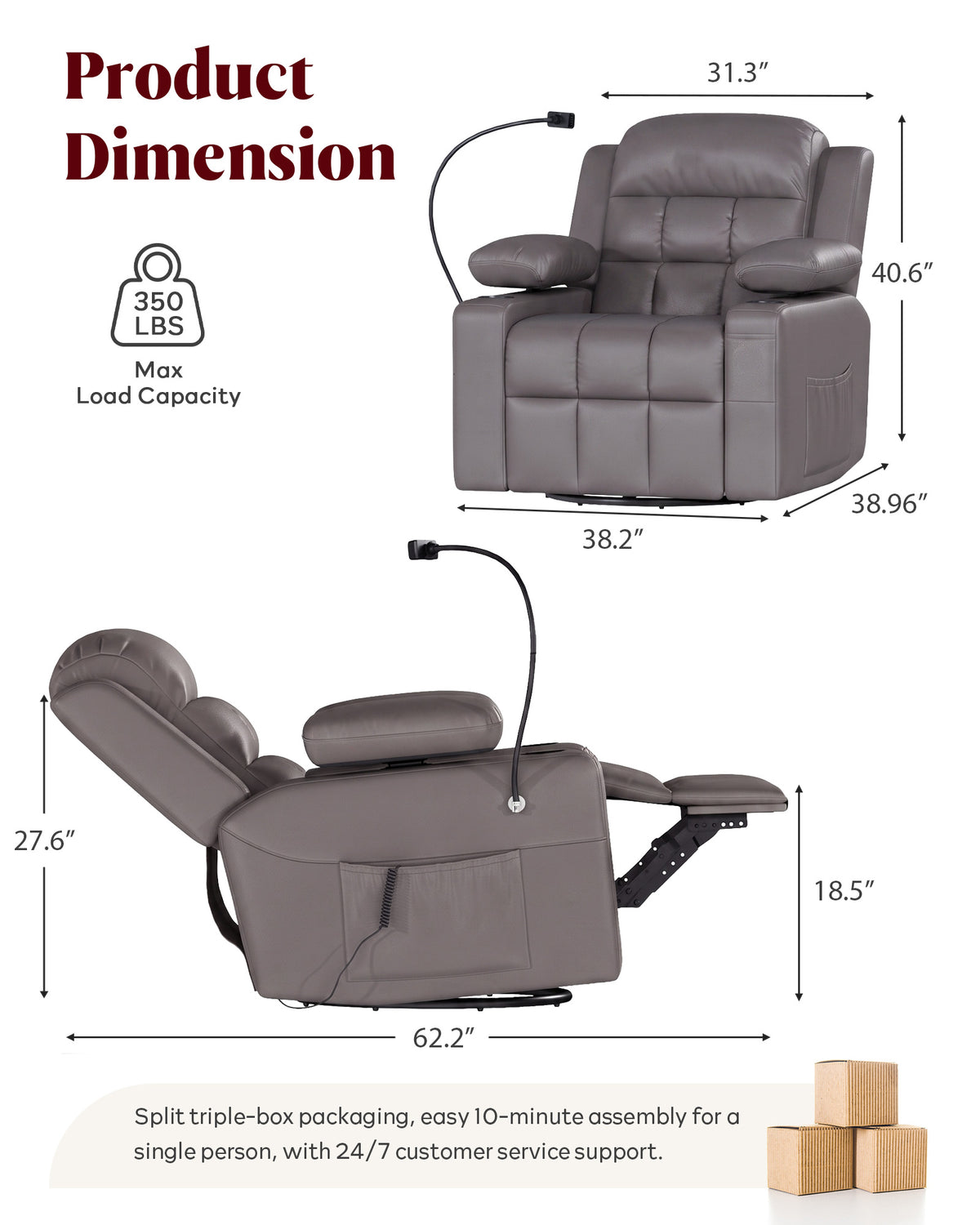 HOPUBUY Power Rocking Recliner Nursery w/Motorized Adjustable Armrests Grey,320° Swivel M1 M2 Memory Remote Nursing Glider w/ Storage Pockets Cup Holder & Phone Holder for Breastfeeding