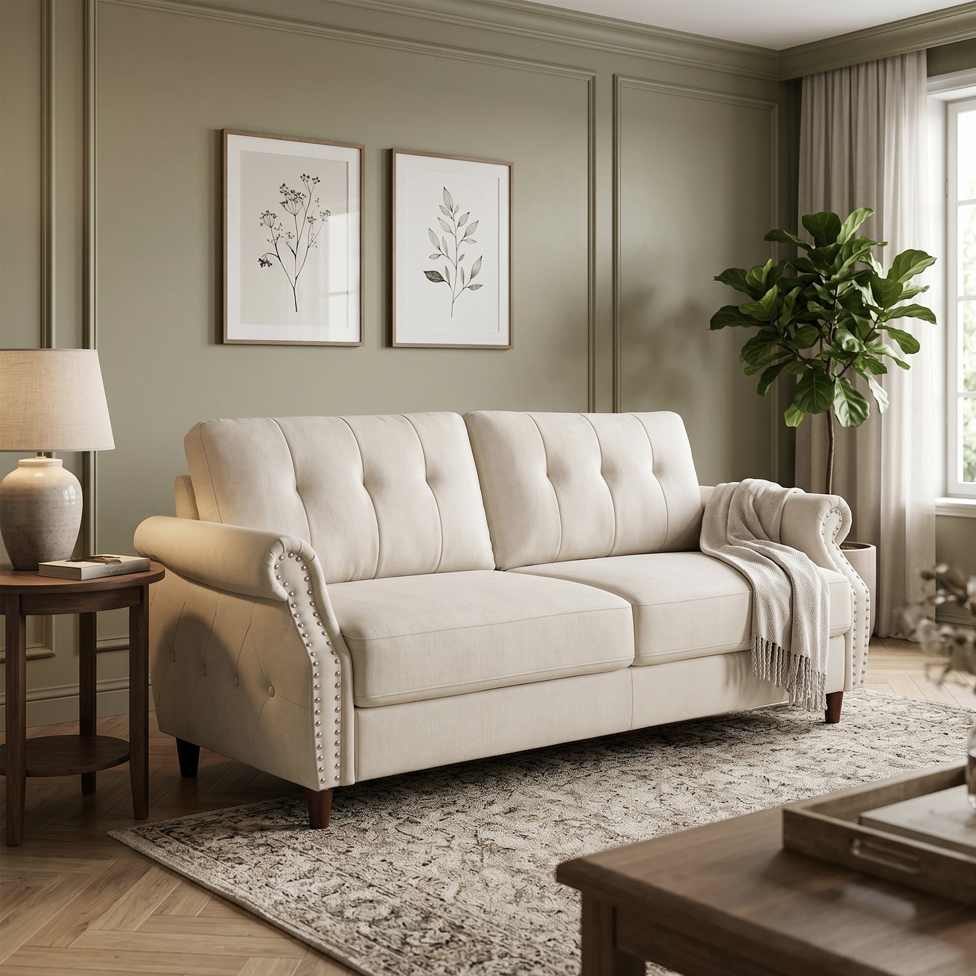 Fully Assembled Loveseat Sofa with Rivets, Wood Legs, Living Room (Beige) | 2 seater love seat sofa, rivet arm design, solid wood legs, wood frame, small couch for living room apartment bedroom, Beige