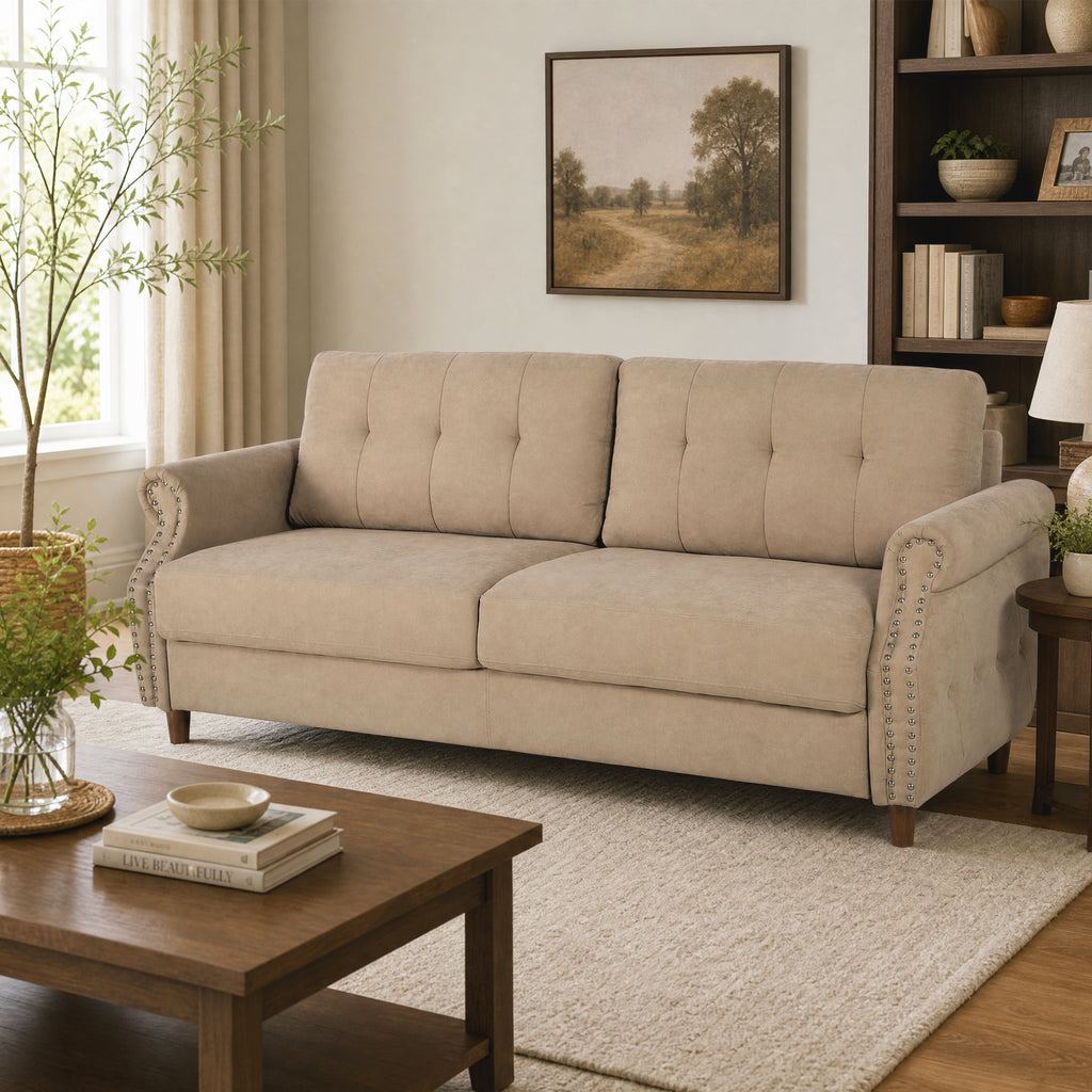 Fully Assembled Loveseat Sofa with Rivets, Wood Legs, Living Room (Khaki) | 2 seater love seat sofa, rivet arm design, solid wood legs, wood frame, small couch for living room apartment bedroom, khaki