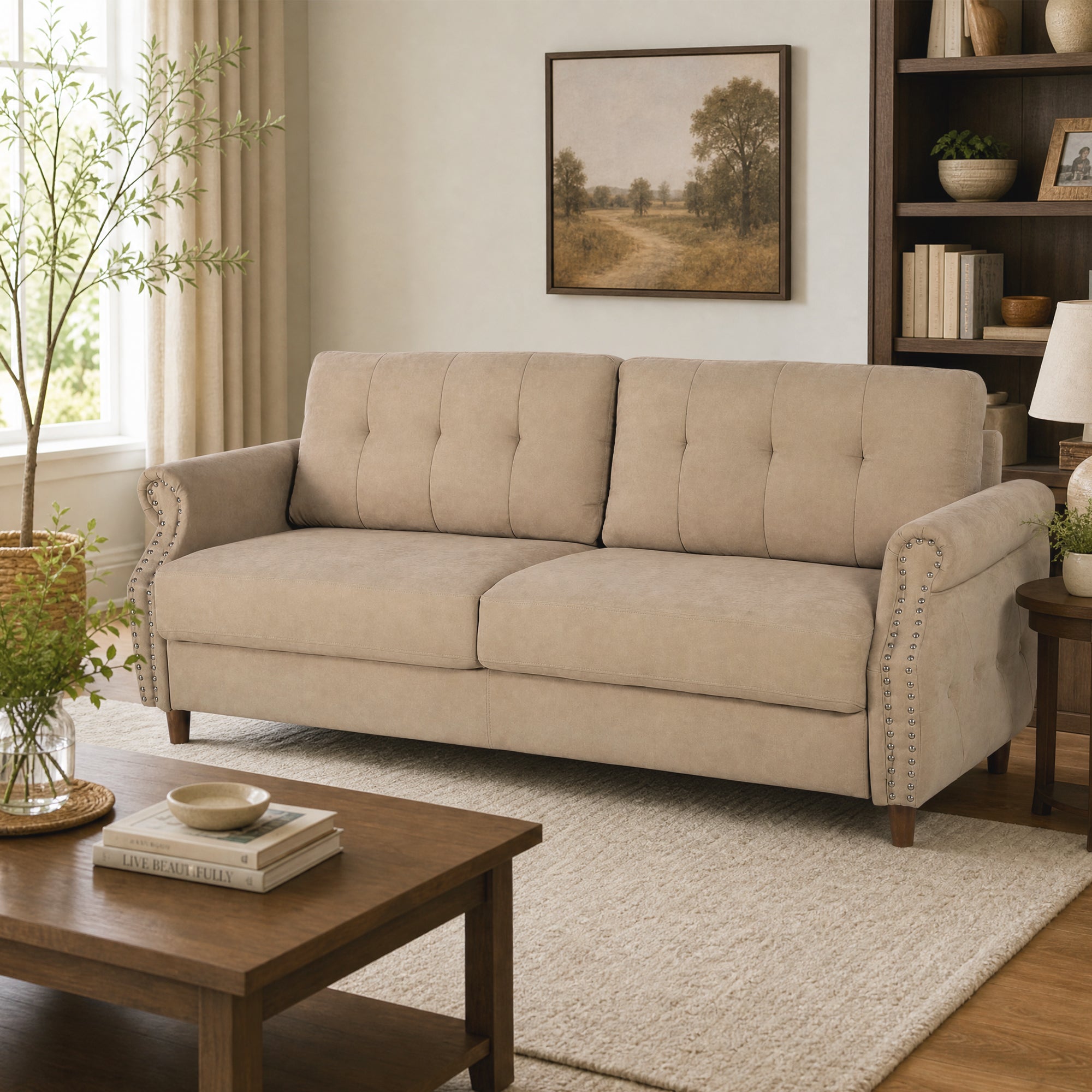 Fully Assembled Loveseat Sofa with Rivets, Wood Legs, Living Room (Khaki) | 2 seater love seat sofa, rivet arm design, solid wood legs, wood frame, small couch for living room apartment bedroom, khaki