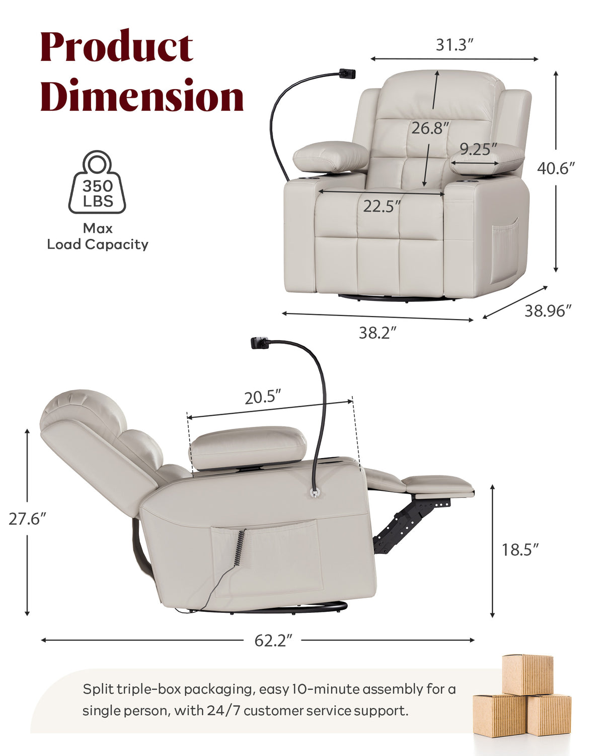 HOPUBUY Power Swivel Recliner Chair w/ Motorized Adjustable Armrests, Nursery Rocking, 320° Swivel M1 M2 Memory Remote Nursing Glider w/ Storage Pockets Cup Holder & Phone Holder for Breastfeeding