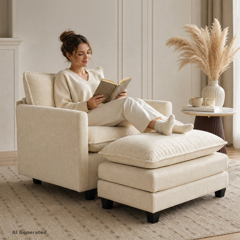 Comfy Oversized Accent Chair with Ottoman, Reading Chair for Living Room | JIASTING 36" Big Cozy Chenille Armchair with Ottoman, Large Upholstered Chair and A Half for Bedroom, Reading Nook, Beige