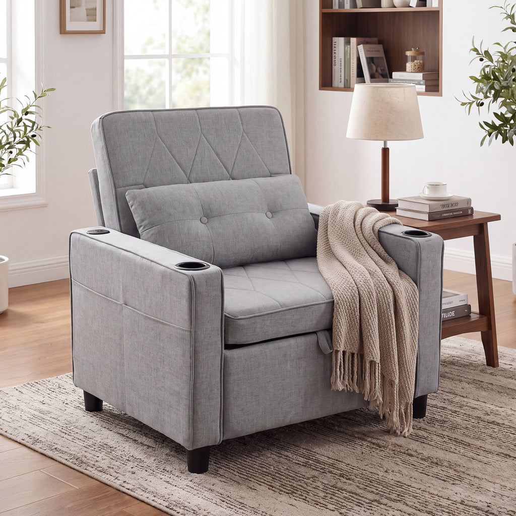CHYMSUN Sleeper Chair for Adults, Convertible Pull Out Sofa Bed with Charging, Grey CHYMSUN, Chair Bed Sofa Chair Cup Holders, Side Pockets, Living Room, Bedroom, Apartment, Small Space