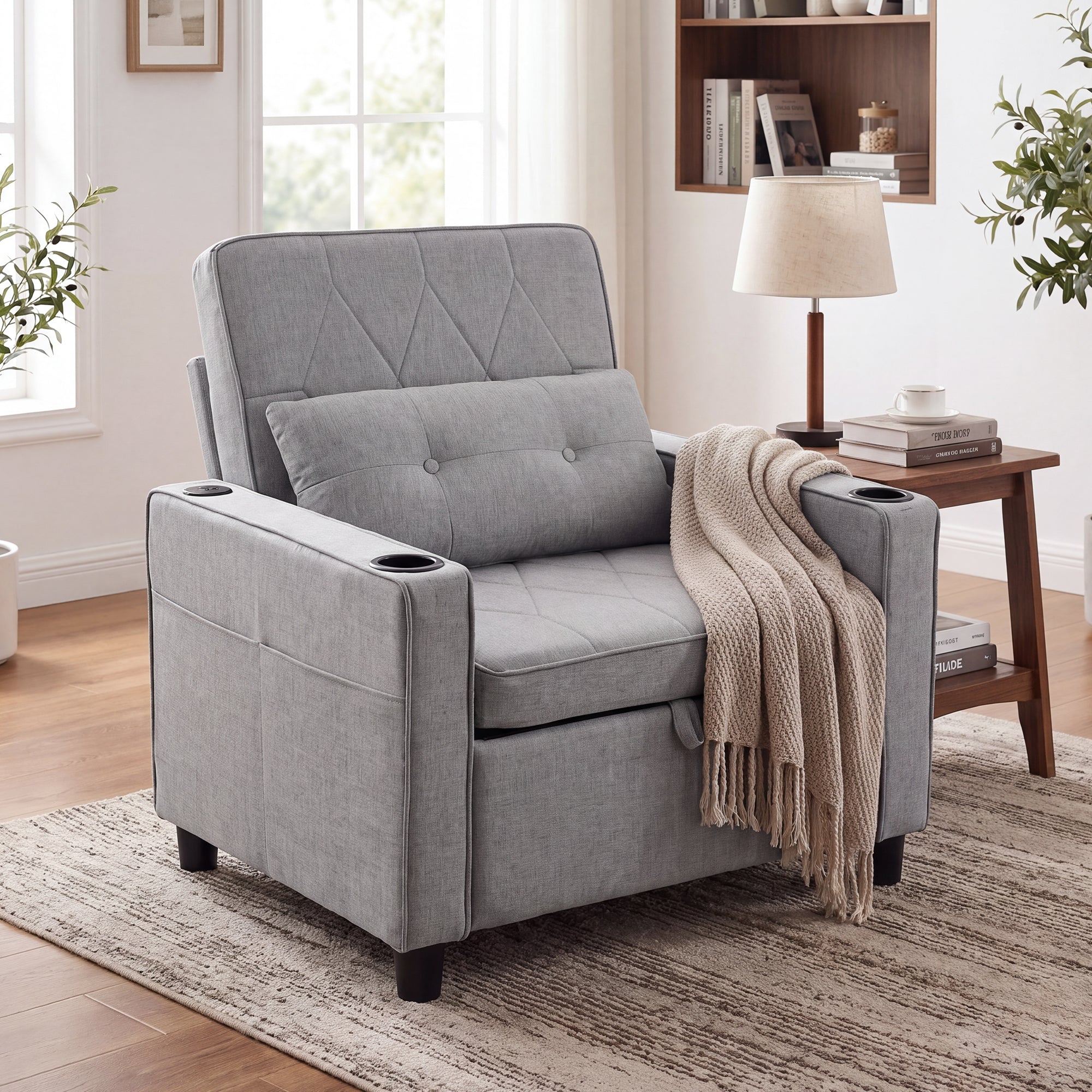 CHYMSUN Sleeper Chair for Adults, Convertible Pull Out Sofa Bed with Charging, Grey CHYMSUN, Chair Bed Sofa Chair Cup Holders, Side Pockets, Living Room, Bedroom, Apartment, Small Space