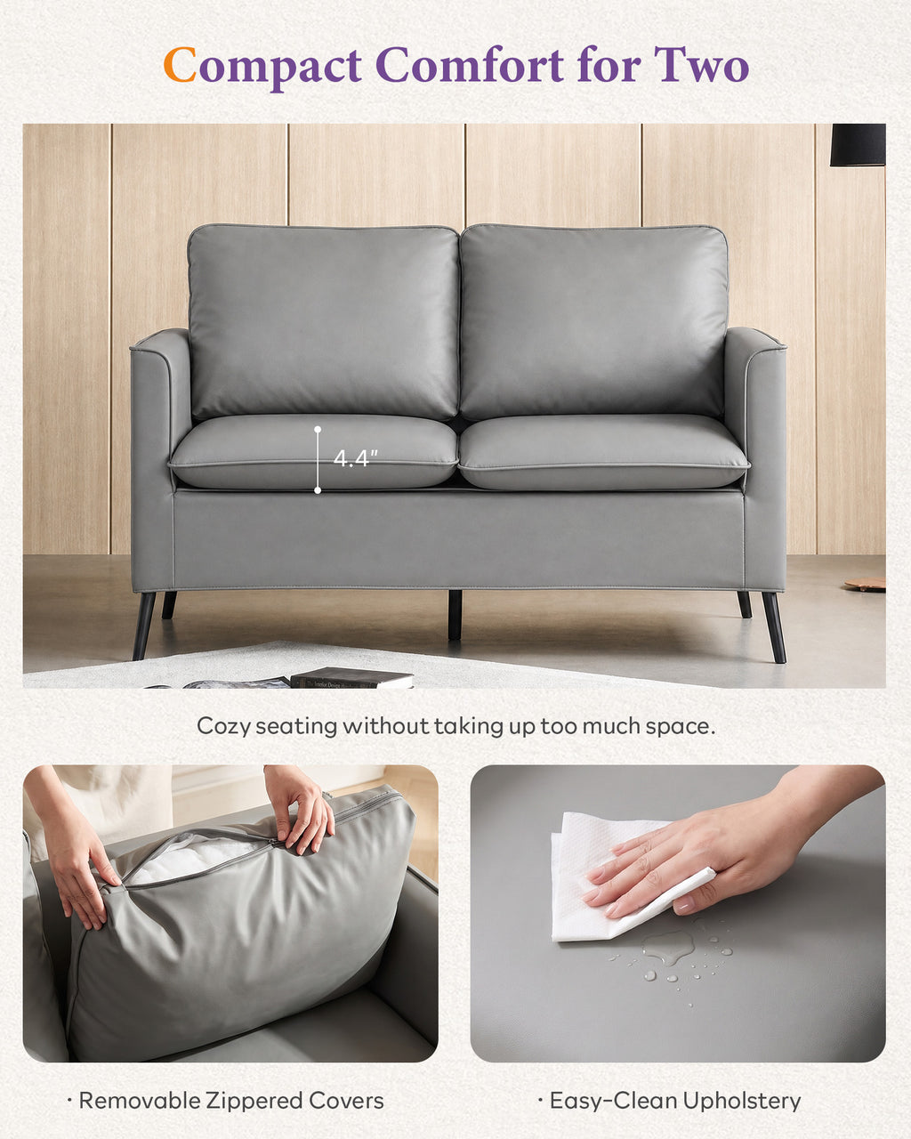 TYBOATLE Faux Leather Loveseat Sofa, Small 2 Seater Couch for Small Spaces (Grey, 1)