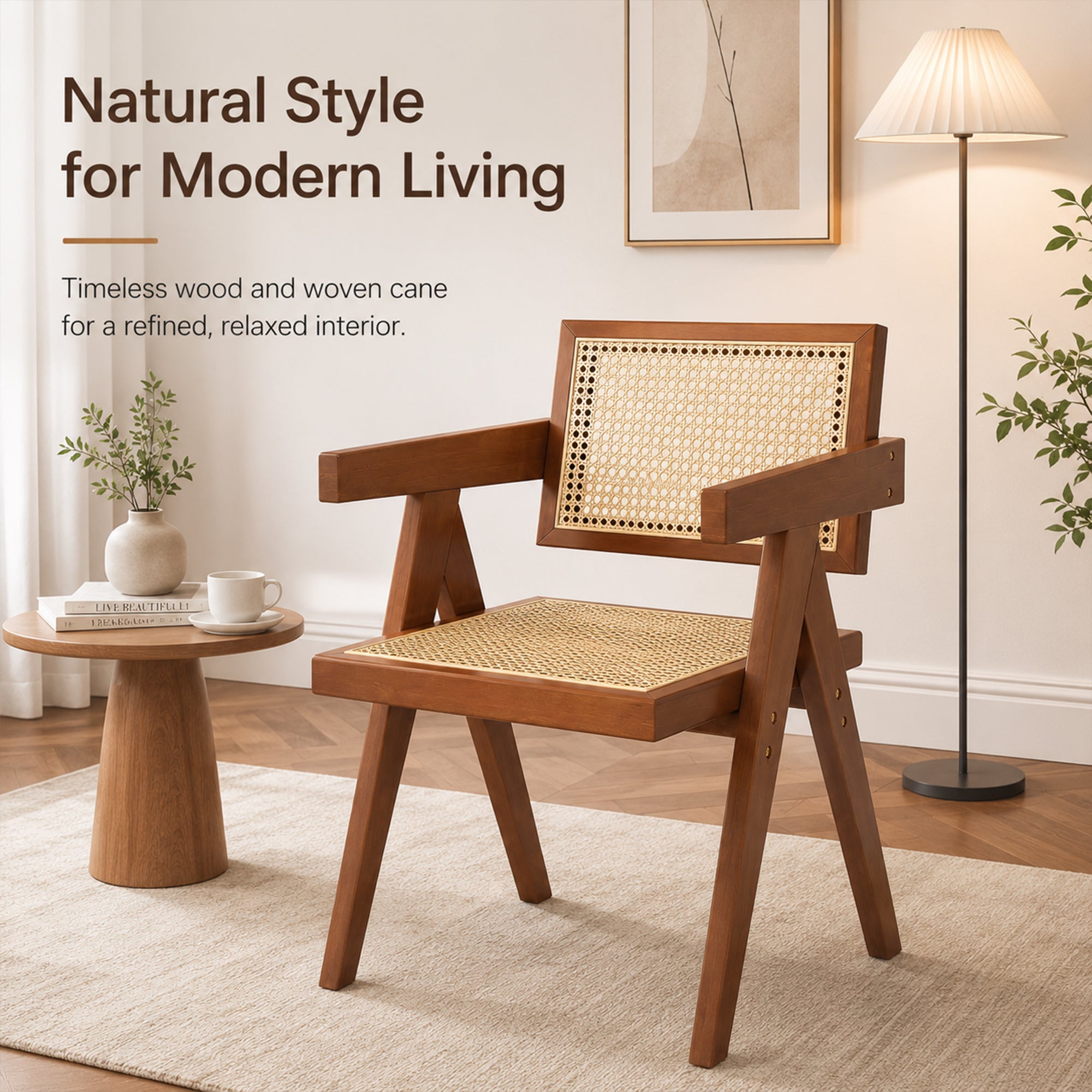 JIASTING Modern Rattan Dining Chairs Set of 4, Woven Cane Kitchen Armchairs, Walnut