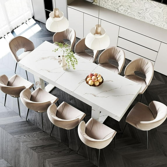 LAZZO Farmhouse Rustic Extendable Dining Table, 70.9"-86.6" Rectangular Wooden Kitchen Table for 6-10, White