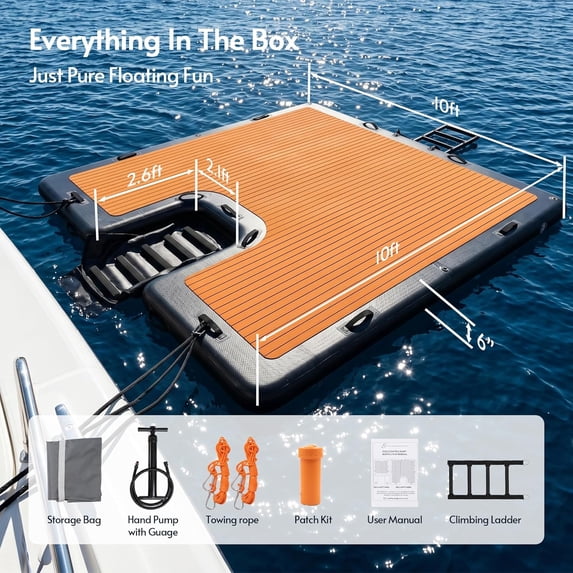 LAZZO 10 x 10 FT Inflatable Floating Dock, Anti-Slip EVA Foam Platform with Dog Ramp & Air Pump for Pool and Lake