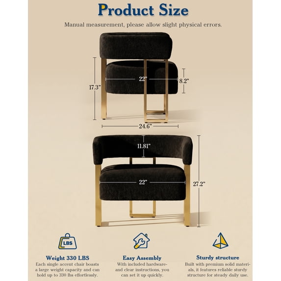 LAZZO Barrel Accent Chair, Mid-Century Modern Teddy Fleece Upholstered Armchair with Gold Metal Legs, Black
