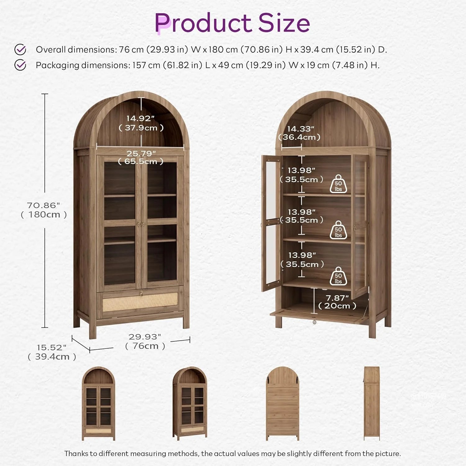 LAZZO 71" Tall Arched Pantry Cabinet with Glass Door & Drawer, Storage Cupboard with Anti-Tipping Device, Natural Wood Color