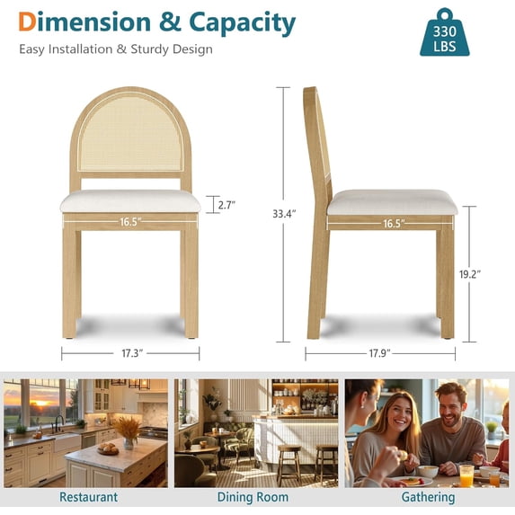 LAZZO Dining Chairs Set of 2, Farmhouse Upholstered Rattan Chairs with Chenille Seat for Kitchen Dining Room, Natural Wood
