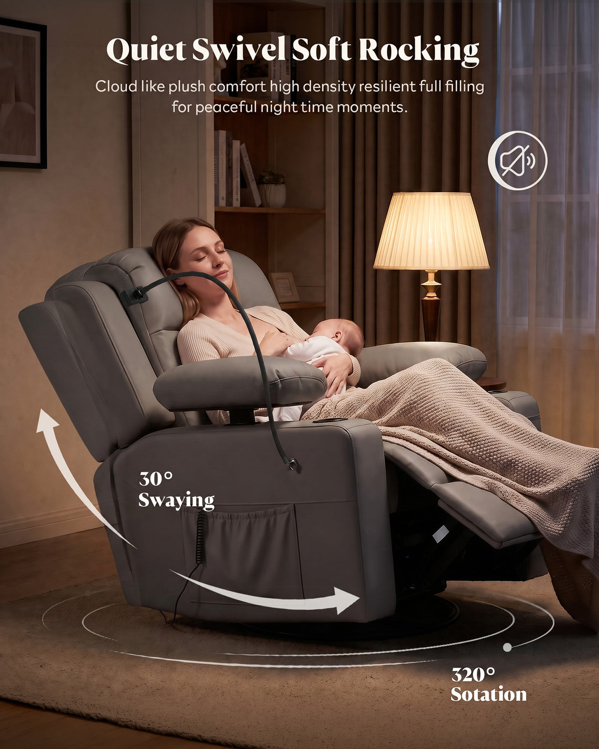 HOPUBUY Power Rocking Recliner Nursery w/Motorized Adjustable Armrests Grey,320° Swivel M1 M2 Memory Remote Nursing Glider w/ Storage Pockets Cup Holder & Phone Holder for Breastfeeding