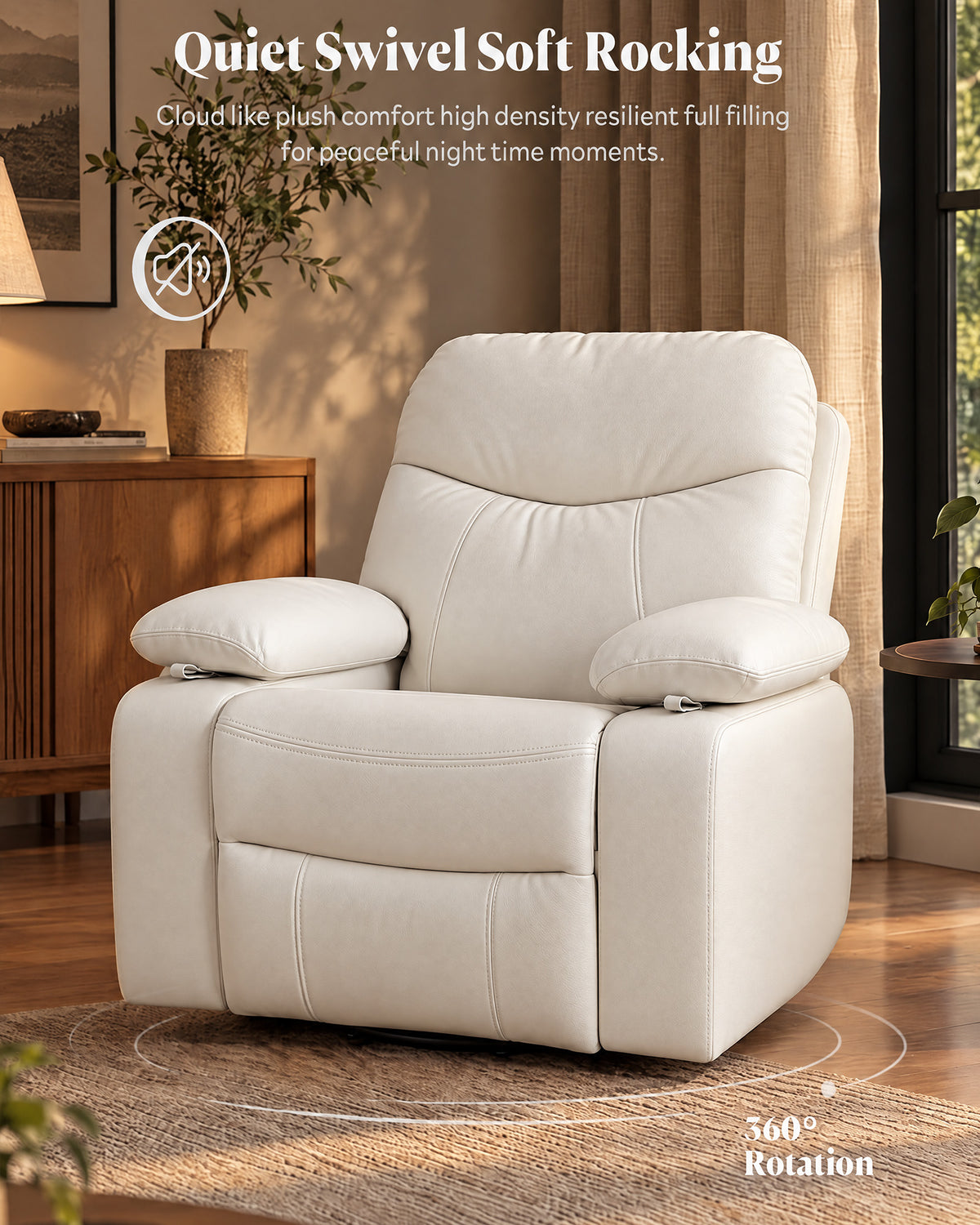 HOPUBUY Manual Rocking Chair Nursery w/Adjustable Armrests 360° Swivel Glider, Modern 135° Reclining Chair for Nursing Breastfeeding Bedroom,0–90° Foldable Armrests, Built-in Footrest