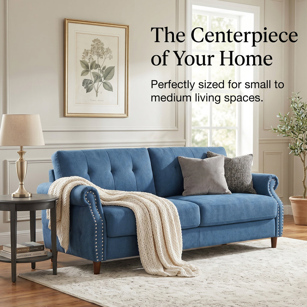 Fully Assembled Loveseat Sofa with Rivets, Wood Legs, Living Room (Blue) | 2 seater love seat sofa, rivet arm design, solid wood legs, wooden frame, small couch for living room apartment bedroom, blue