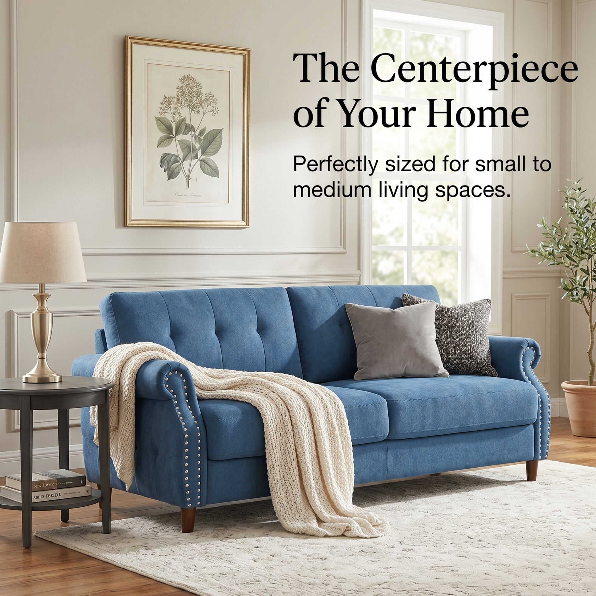Fully Assembled Loveseat Sofa with Rivets, Wood Legs, Living Room (Blue) | 2 seater love seat sofa, rivet arm design, solid wood legs, wooden frame, small couch for living room apartment bedroom, blue
