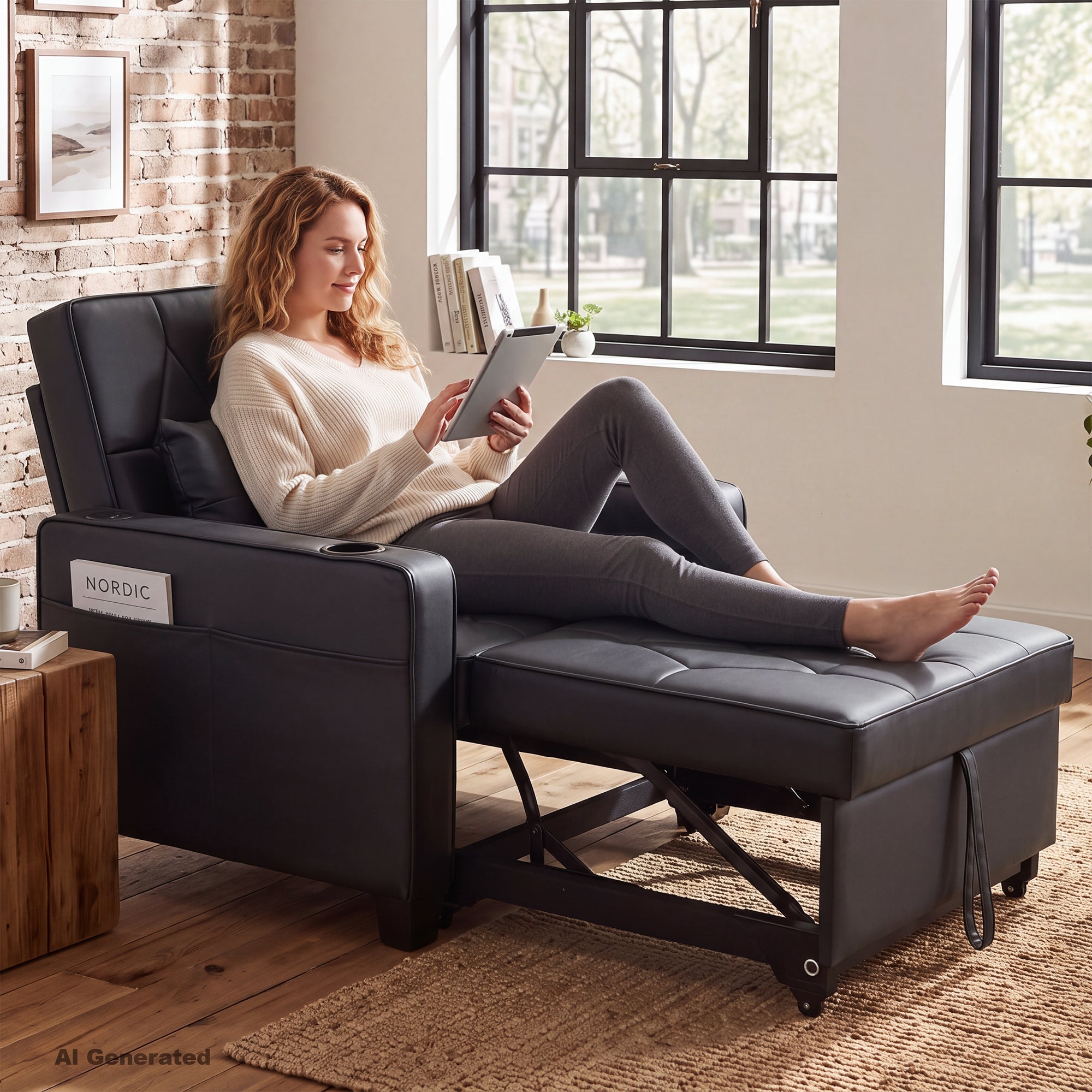 CHYMSUN Sleeper Chair for Adults, Convertible Pull Out Sofa Bed with Charging CHYMSUN, Chair Bed Sofa Chair Cup Holders, Side Pockets, Living Room, Bedroom, Apartment, Small Space