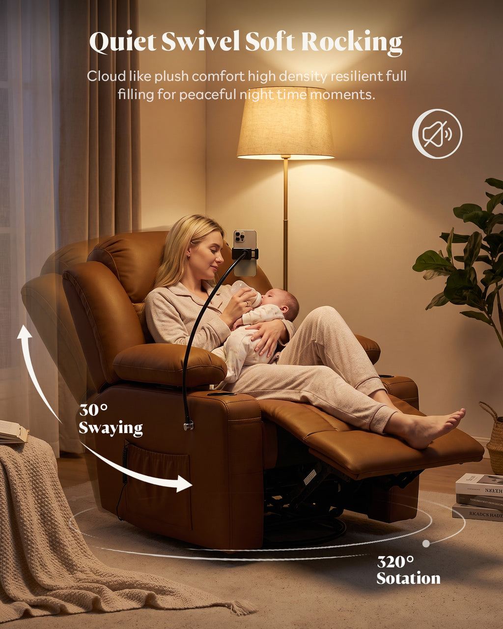 HOPUBUY Power Swivel Recliner Chair w/ Motorized Adjustable Armrests, Nursery Rocking,Brown,320°Swivel M1 M2 Memory Remote Nursing Glider w/ Storage Pockets Cup Phone Holder for Breastfeeding