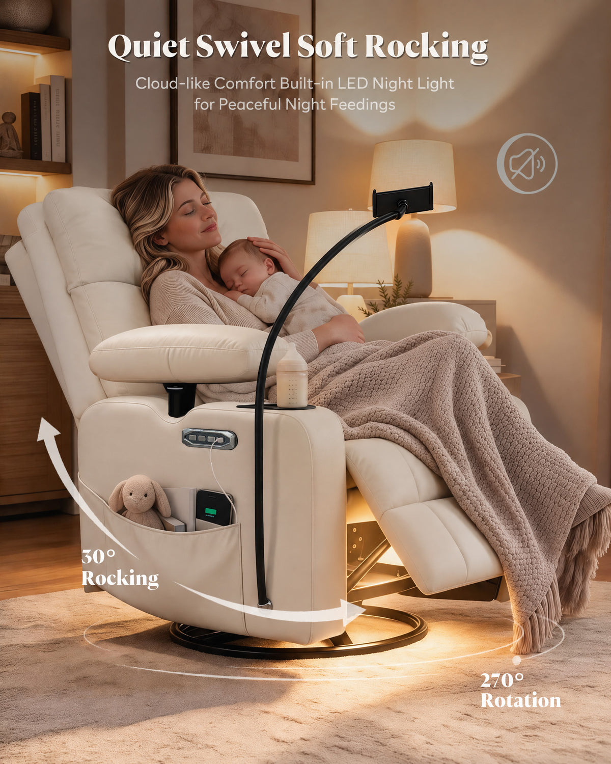 HOPUBUY Power Rocking Recliner Nursery w/Adjustable Armrest Lumbar Headrest Charging Night Light Smart Cup Holder, Modern Swivel Rocker ,Nursing Glider Chair for Breastfeeding Living Room