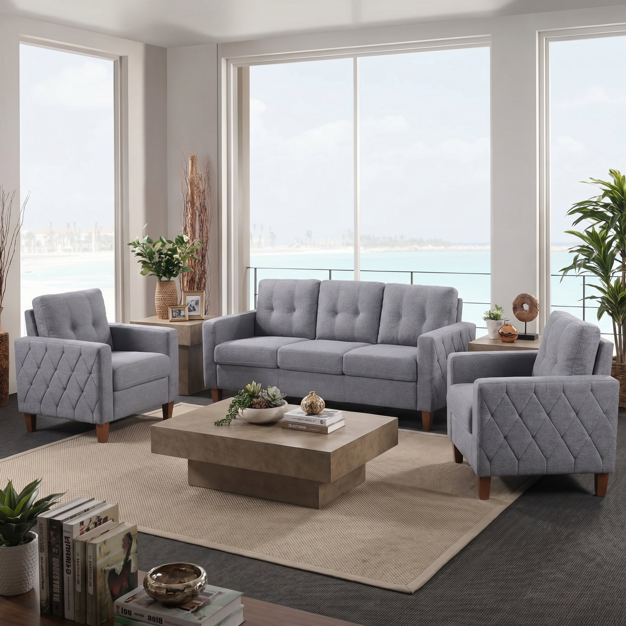 TYBOATLE 3 Piece Living Room Furniture Sets, 3 Seater Sofa and Chair Set, Cloud Couch Living Room Furniture Set, Grey Modern Sofa and Chair Set for Apartment, Home (Grey, 3+1+1)
