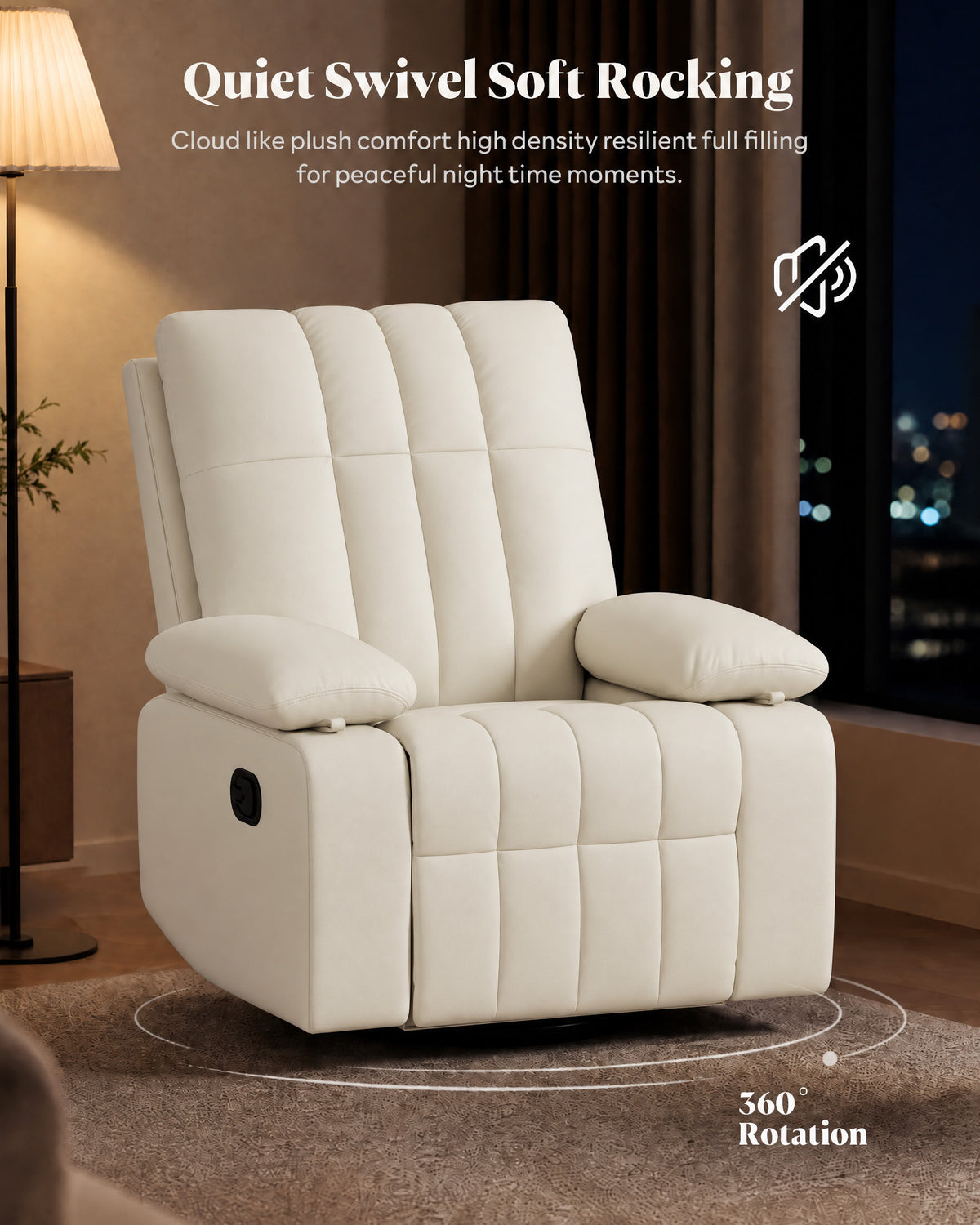 HOPUBUY Manual Nursery Rocking Recliner with Adjustable Armrests, White 360° Swivel Glider, 0–90° Foldable Armrests, Built-in Footrest, Modern 135° Reclining Chair for Nursing Breastfeeding Bedroom
