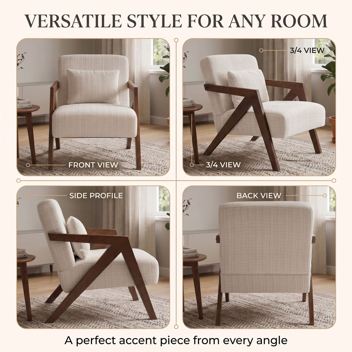 JIASTING Mid Century Modern Accent Chair, Upholstered Wooden Chair (Beige)