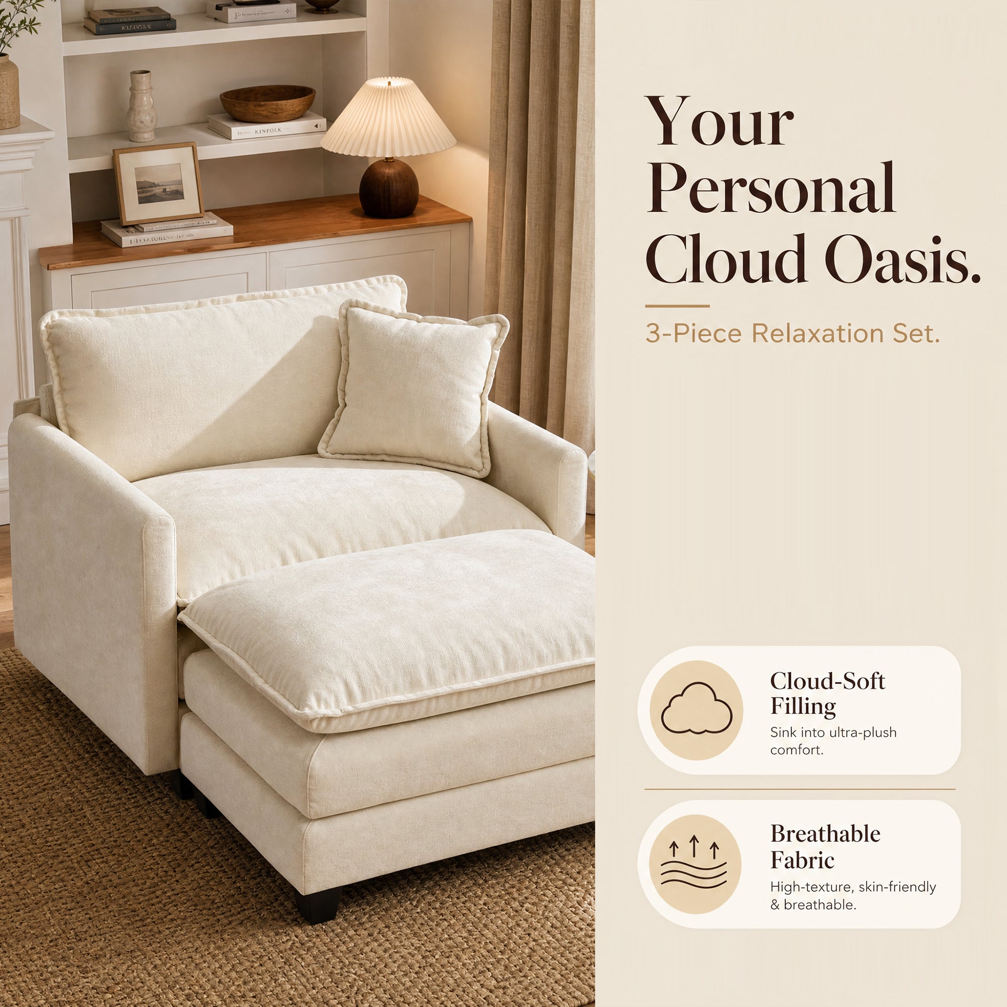 Comfy Oversized Accent Chair with Ottoman, Reading Chair for Living Room | JIASTING 36" Big Cozy Chenille Armchair with Ottoman, Large Upholstered Chair and A Half for Bedroom, Reading Nook, Beige
