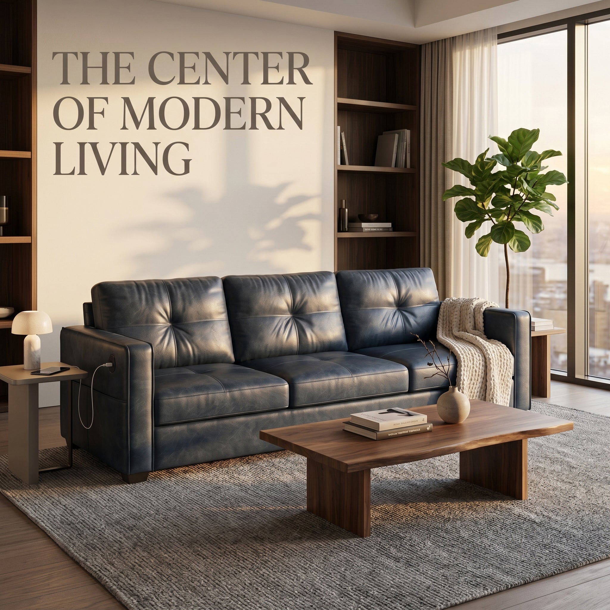 CHYMSUN 88" Faux Leather Couch w/USB Charging, 3-Seater Leather Living Room Sofa | Mid-Century Modern Leather Couch, Living Room Couch, Tufted Design, Wide Armrests, Side Storage Pockets, Office, Dorm, Blue