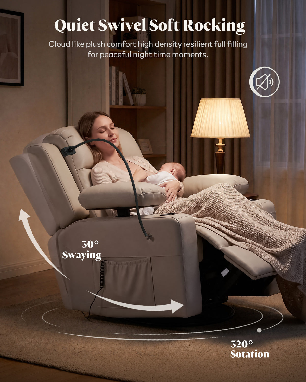 HOPUBUY Power Swivel Recliner Chair w/ Motorized Adjustable Armrests, Nursery Rocking, 320° Swivel M1 M2 Memory Remote Nursing Glider w/ Storage Pockets Cup Holder & Phone Holder for Breastfeeding