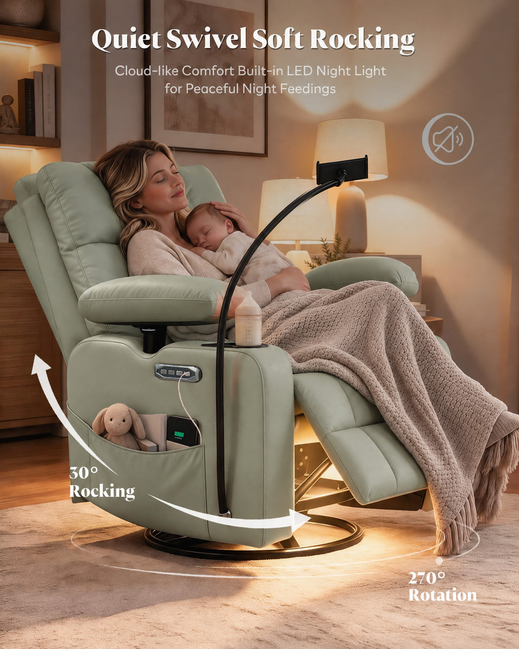 HOPUBUY Power Rocking Recliner Nursery w/Adjustable Armrest Lumbar Headrest Charging Night Light Smart Cup Holder, Modern Swivel Rocker ,Nursing Glider Chair for Breastfeeding Living Room