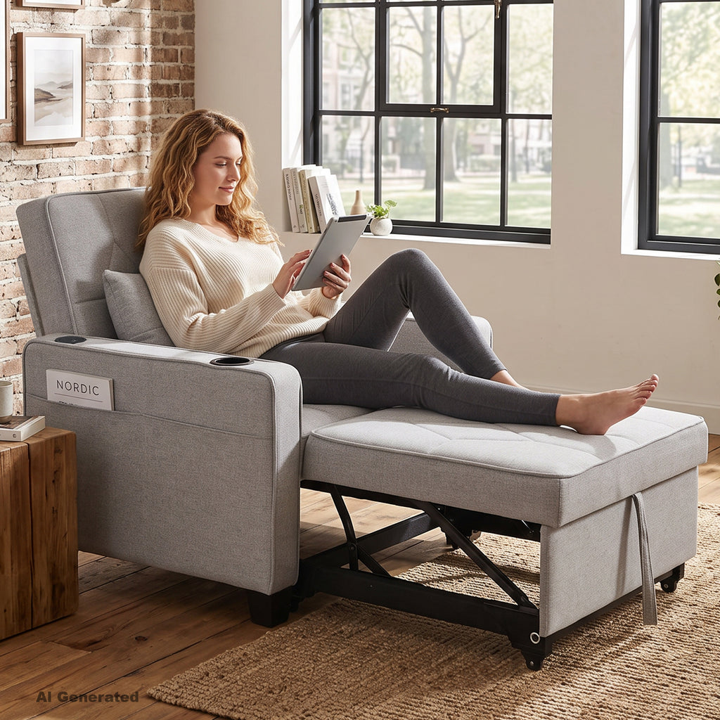 CHYMSUN Sleeper Chair for Adults, Convertible Pull Out Sofa Bed with Charging, Grey CHYMSUN, Chair Bed Sofa Chair Cup Holders, Side Pockets, Living Room, Bedroom, Apartment, Small Space