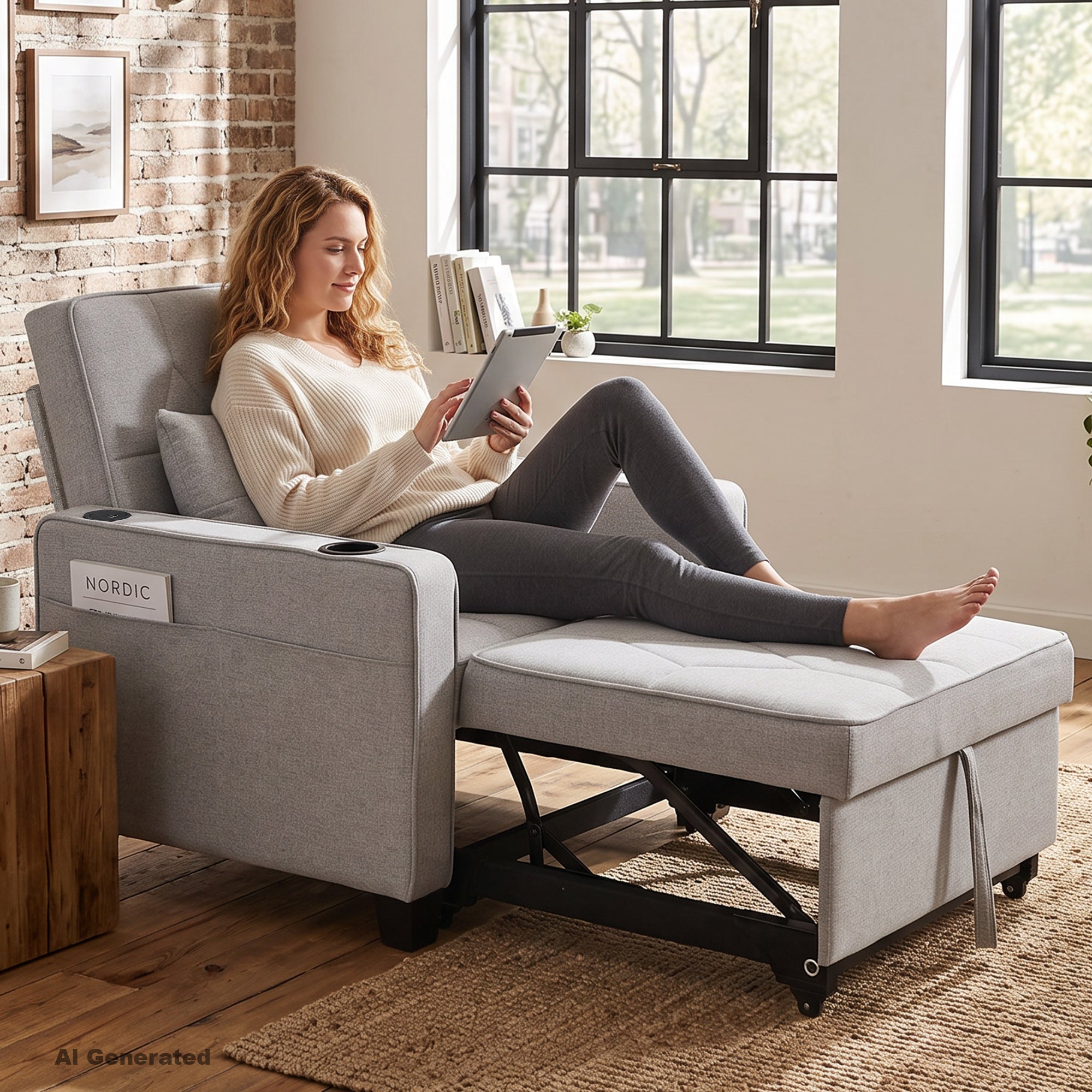 CHYMSUN Sleeper Chair for Adults, Convertible Pull Out Sofa Bed with Charging, Grey CHYMSUN, Chair Bed Sofa Chair Cup Holders, Side Pockets, Living Room, Bedroom, Apartment, Small Space