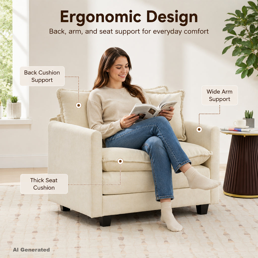 Comfy Living Room Accent Chair, Oversized Reading Chair for Bedroom, Corner | JIASTING 36" Big Cozy Chenille Armchair with Thick Cushion, Large Soft Upholstered Chair for Reading Nook, Dorm, Beige