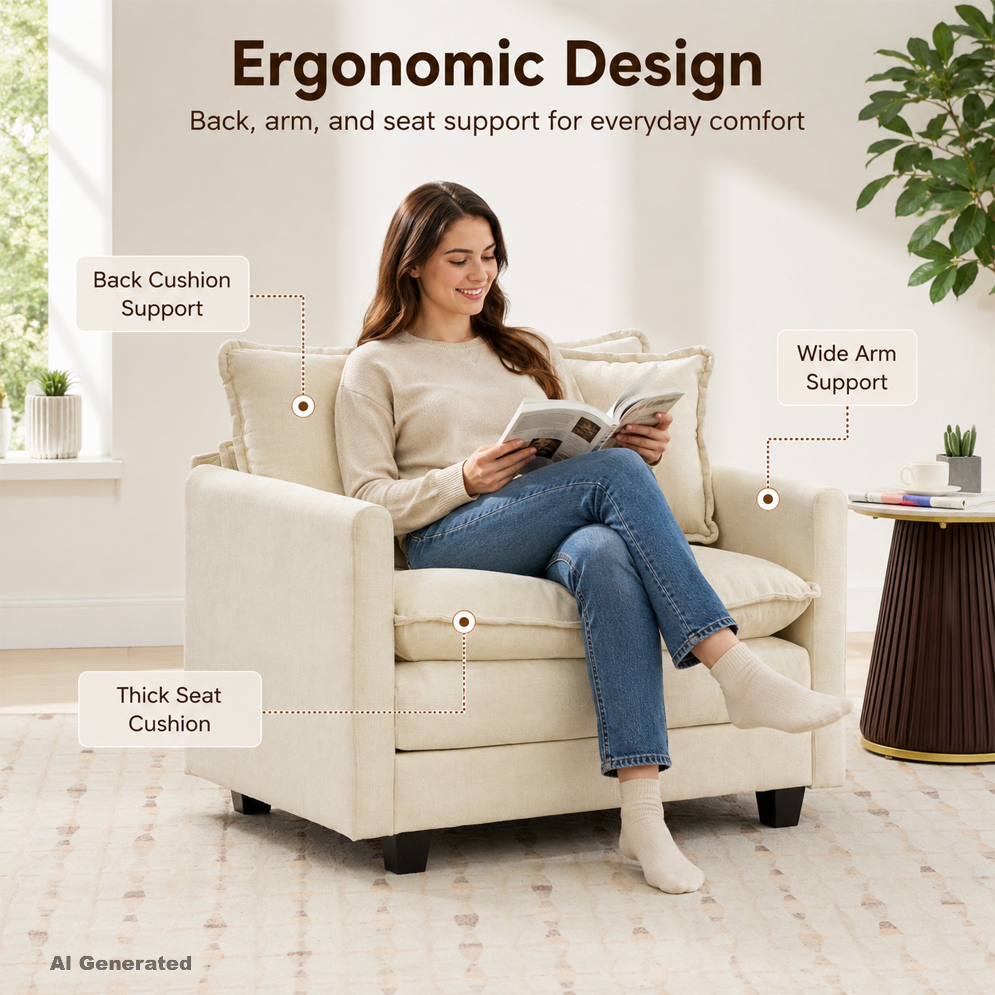 Comfy Living Room Accent Chair, Oversized Reading Chair for Bedroom, Corner | JIASTING 36" Big Cozy Chenille Armchair with Thick Cushion, Large Soft Upholstered Chair for Reading Nook, Dorm, Beige