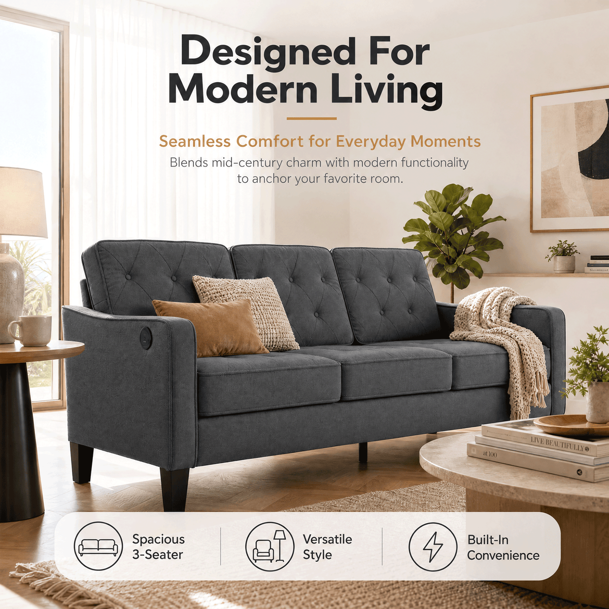83" Gray Faux Leather 3 Seater Sofa, Mid Century Couch for Living Room