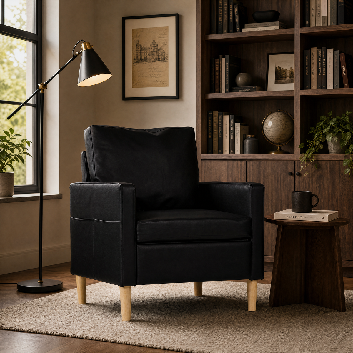 JIASTING Black Faux Leather Accent Chair, Modern Armchair for Living Room