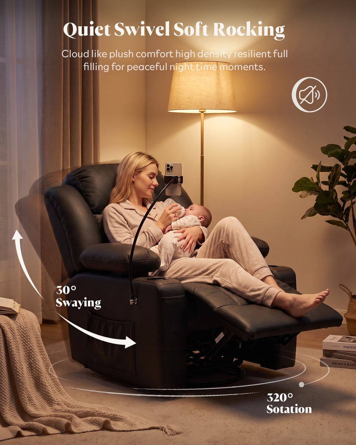 HOPUBUY Power Leather Home Theater Recliner w/Motorized Adjustable Armrests 320° Swivel M1 M2 Memory Remote Oversized Movie Theater Chair w/ Storage Pockets Cup Phone Holder for Living Room
