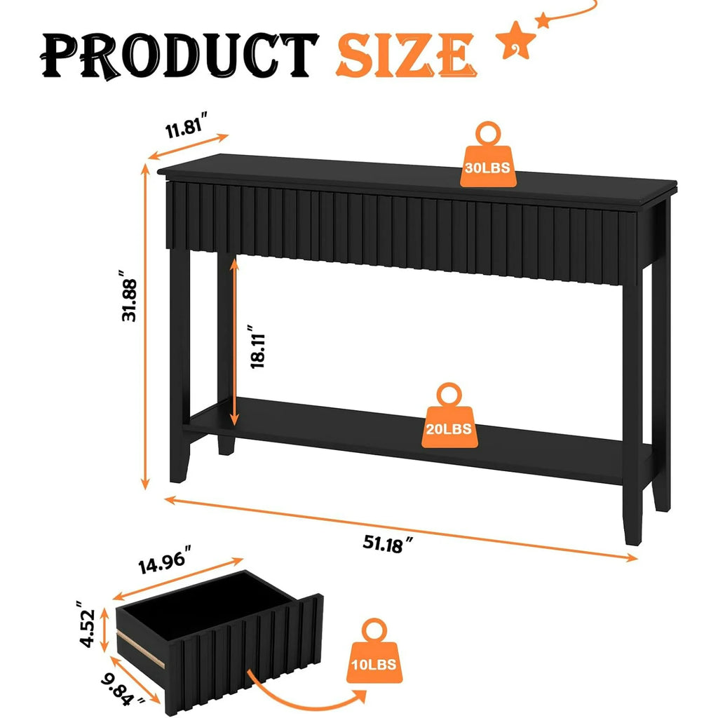 LAZZO Modern Fluted Console Table, Narrow Long Behind Couch Sofa Entryway Table with 3 Drawers & 1-Tier Open Shelf, Black
