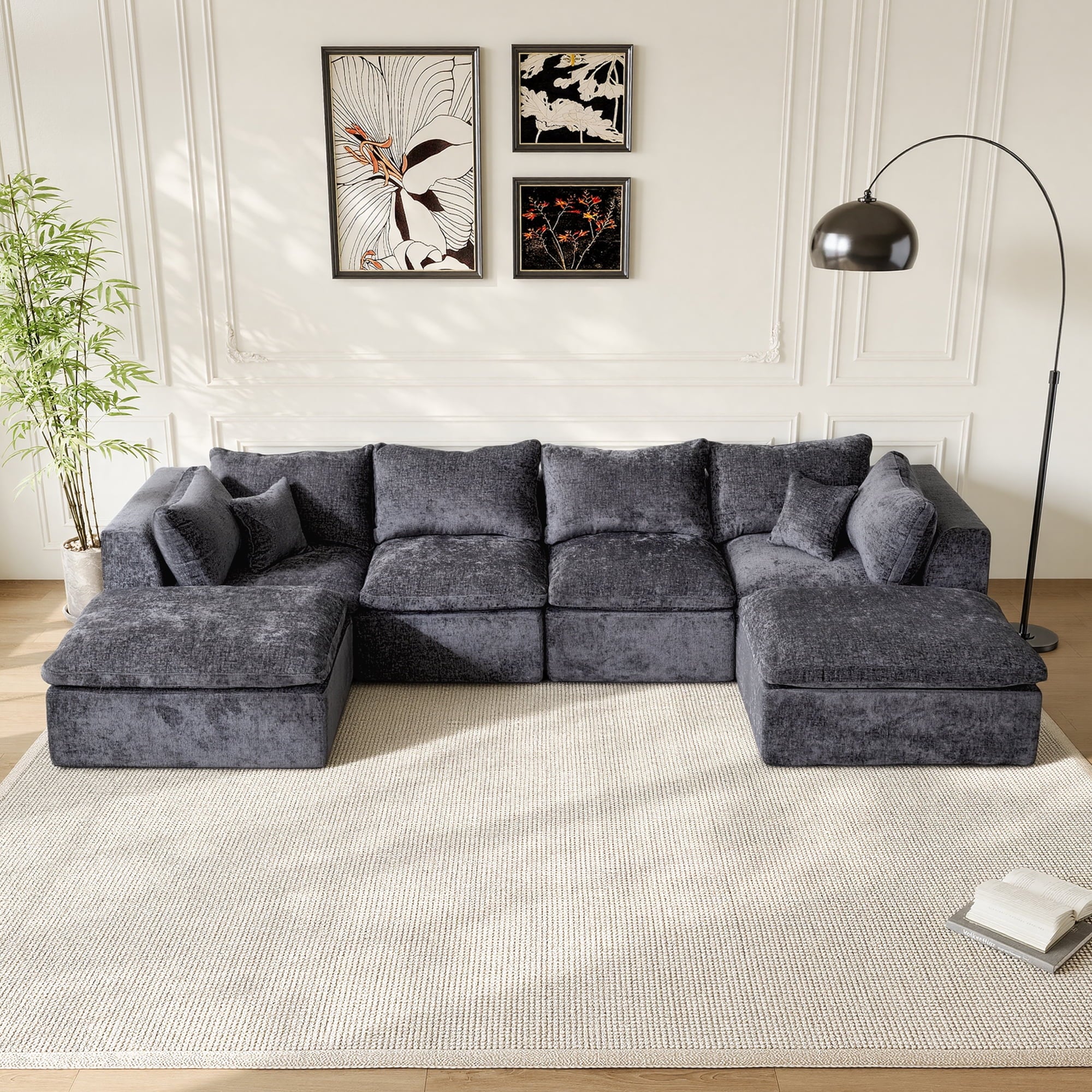 LAZZO 146" U-Shaped Cloud Sectional Sofa, Boneless Modular Couch with Ottoman & Memory Foam, Oversized Comfy Sofa for Living Room, Gray