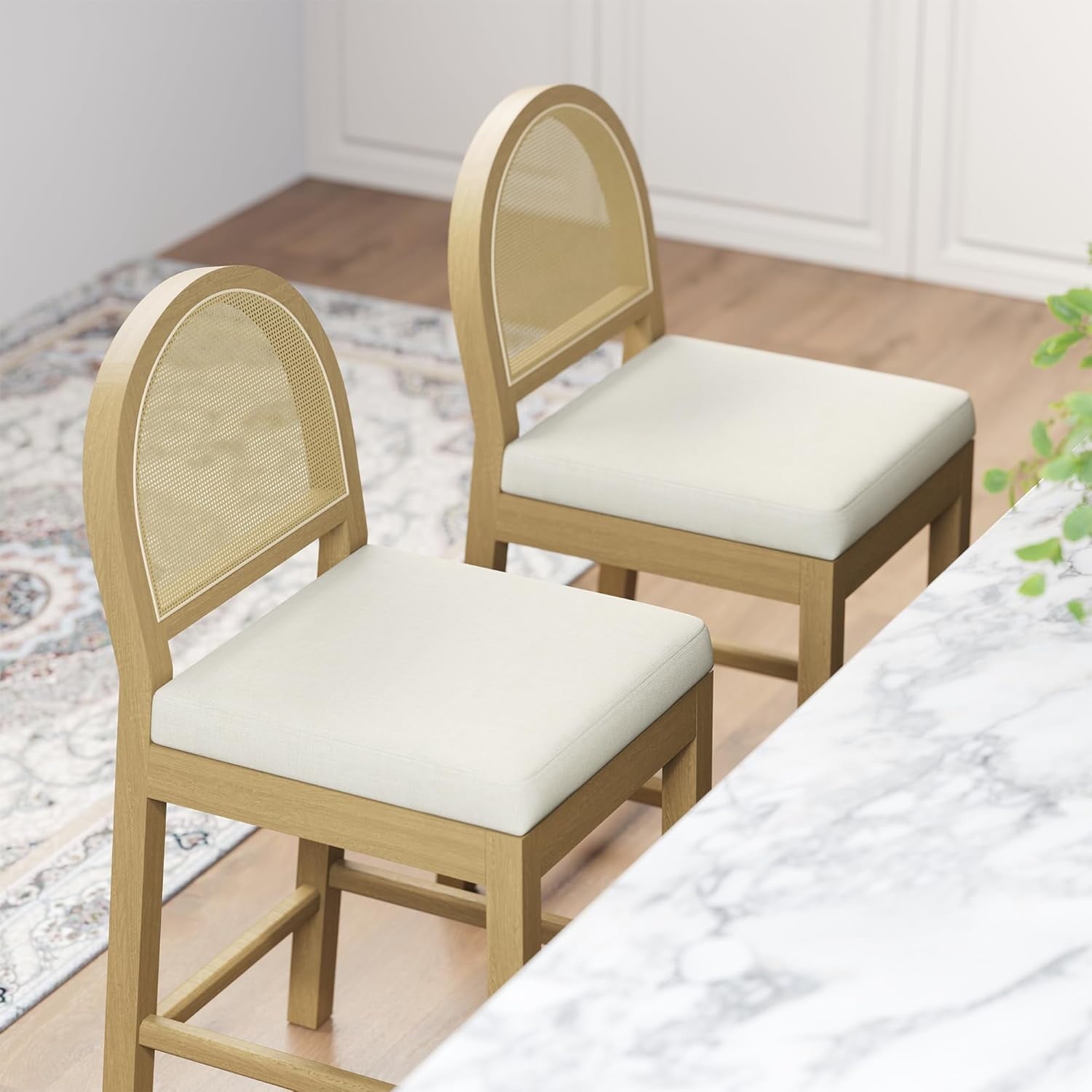 LAZZO Rattan Bar Stools Set of 2, Wooden Counter Height Stools with Rattan Woven Back and Chenille Seat for Dining Room, Beige