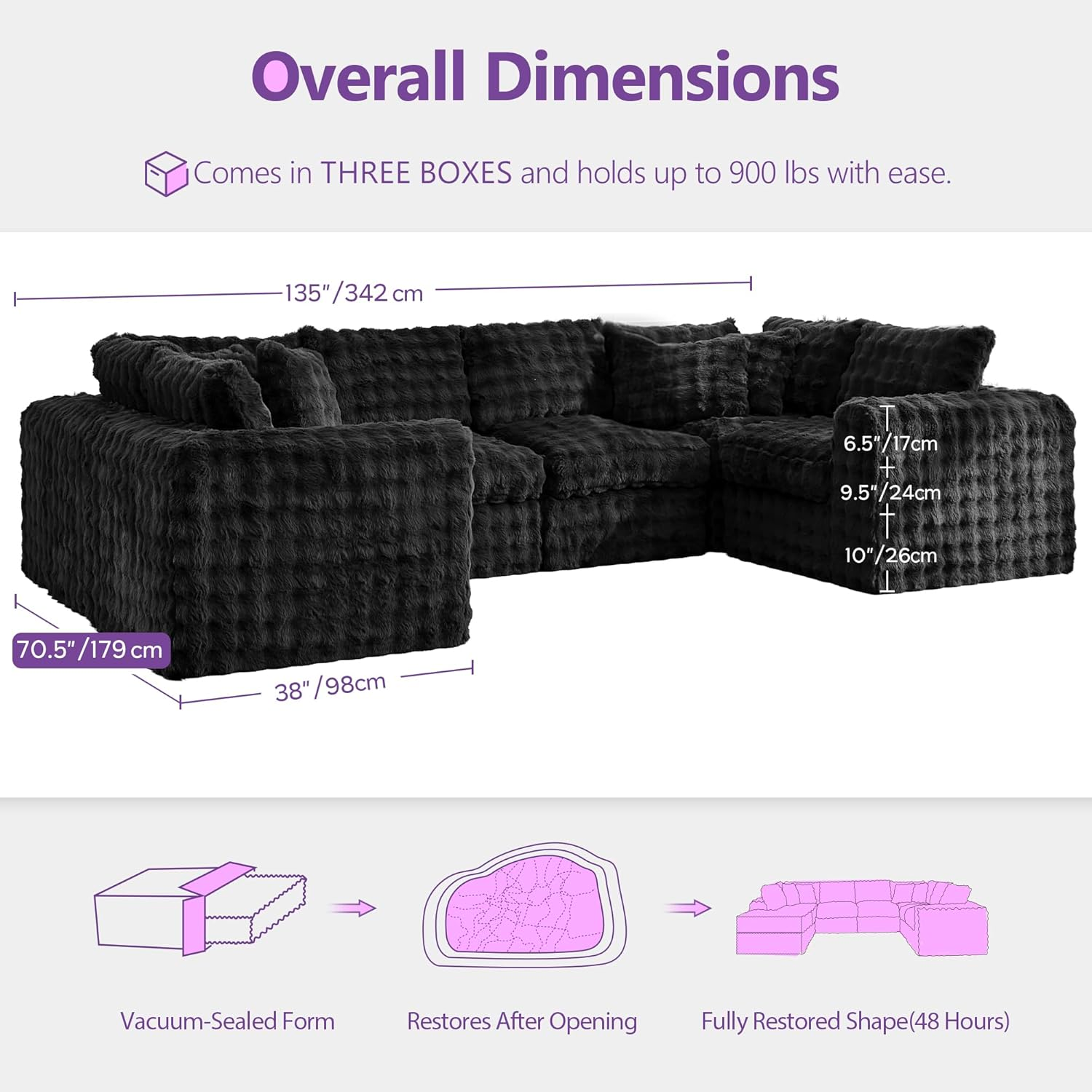 TYBOATLE 135’’ Boneless Slow-Rebound Memory Foam Couch, Cloud Sectional Couches for Living Room w/Upgraded Fabric, Deep Seat Comfy Fluffy U Shaped Modular Sectional Sofa w/Chaise (Black, 6U)