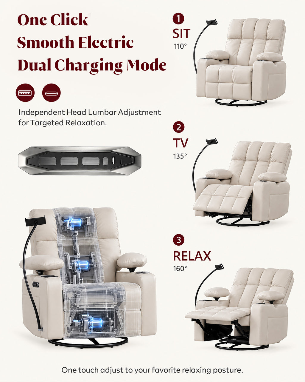 HOPUBUY Power Rocking Recliner Nursery w/Adjustable Armrest Lumbar Headrest Charging Night Light Smart Cup Holder, Modern Swivel Rocker ,Nursing Glider Chair for Breastfeeding Living Room