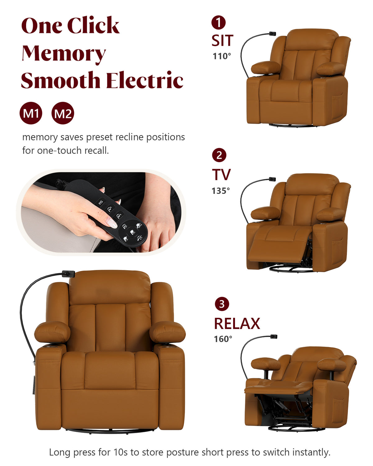 HOPUBUY Power Swivel Recliner Chair w/ Motorized Adjustable Armrests, Nursery Rocking,Brown,320°Swivel M1 M2 Memory Remote Nursing Glider w/ Storage Pockets Cup Phone Holder for Breastfeeding